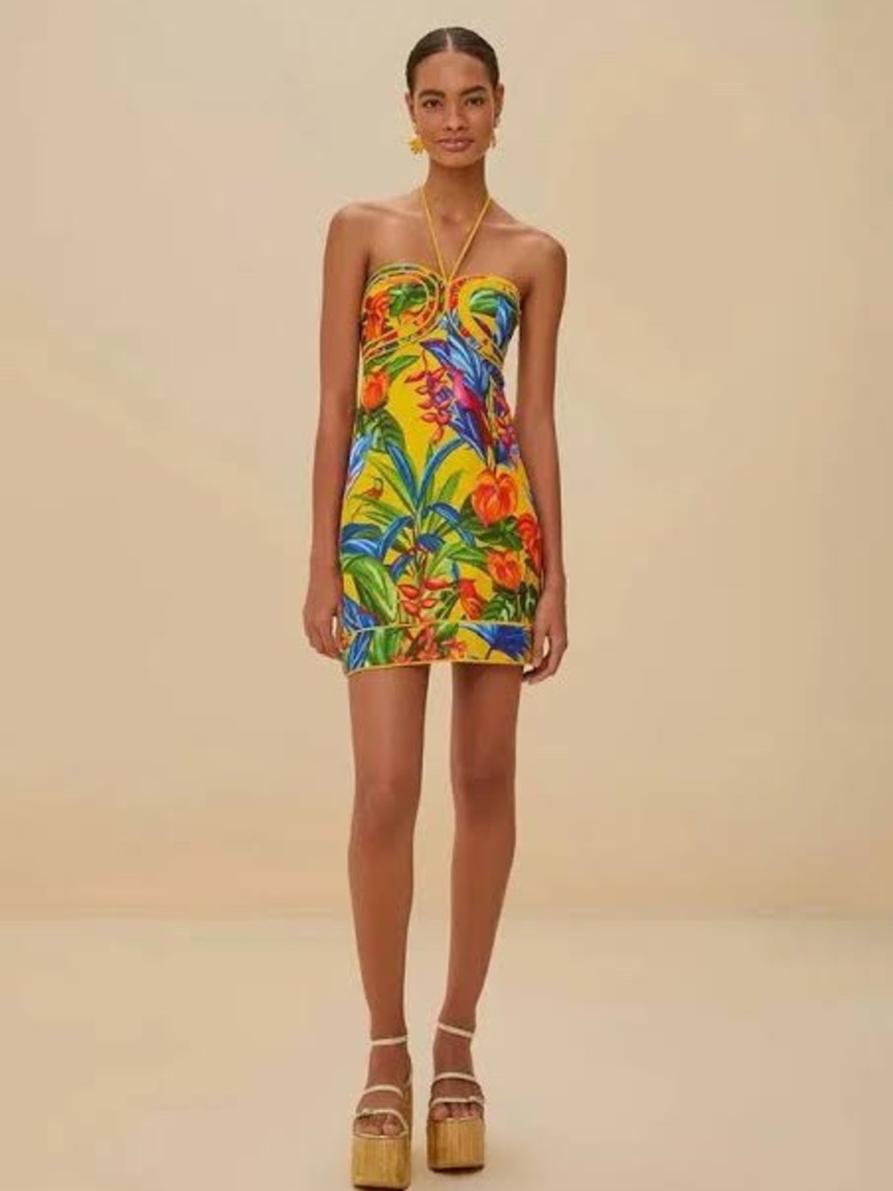 FARM Rio Yellow Tropical Strapless Mini Dress with Multicolor Floral Print